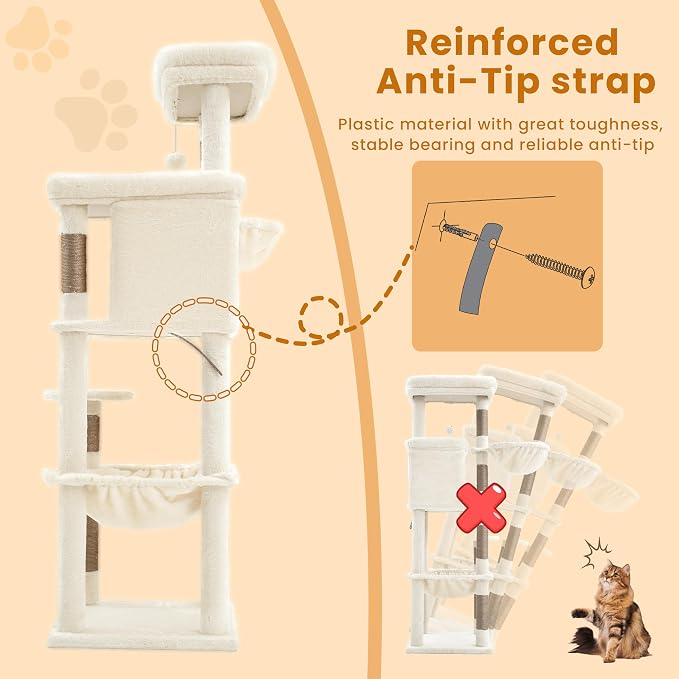 Heybly Cat Tree, 56-Inch Multi-Level Easy Climb Tower for Large Cats, Cat Furniture with 2 Perches, Cozy Hammock, Spacious Condo & Cat Basket, Durable Sisal Scratching Posts, Beige HCT028G