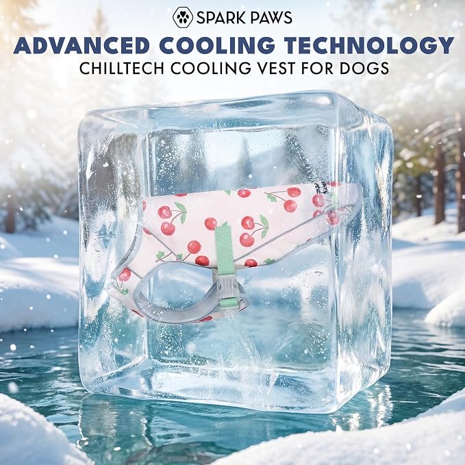 Spark Paws Dog Cooling Vest - SPF 50 UV Sun Protection - Summer Heat Relief Gear for Dogs, Lightweight, Evaporative Cooling - Dog Anxiety Relief Vest During Hot Days - Cherries - Size 2XL
