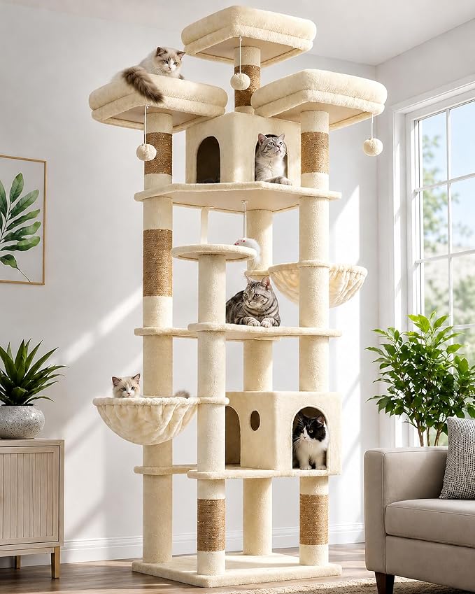 Globlazer Cat Trees and Towers for Multiple Adult Cats, 82-inch XXL Tall Cat Tree Tower for Indoor Cats with Scratching Post, 3 Perches, 2 Condos, 2 Hanging Baskets, F82, Beige