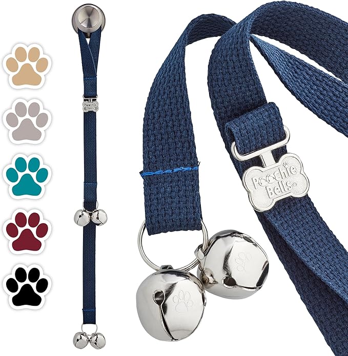 PoochieBells Dog Door Bells for Potty Training, Quick & Easy Puppy Potty Training Method Included, Handcrafted in USA with Loud, Paw-Safe Bells, Durable Cotton Webbing - Navy