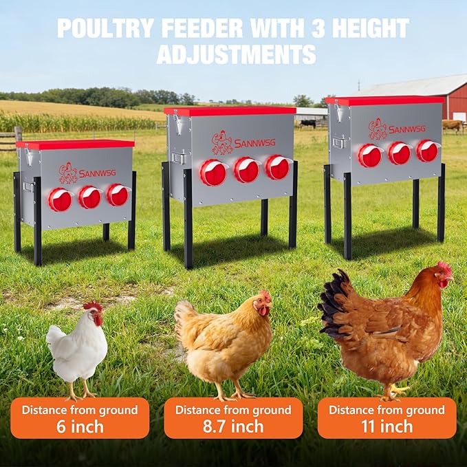 Chicken Feeders,47 lb Capacity 6 Port Automatic Chicken Feeder, Metal Chick Feeder with Locking Lid and Legs, Chicken Feeder for Chickens, Ducks, Geese