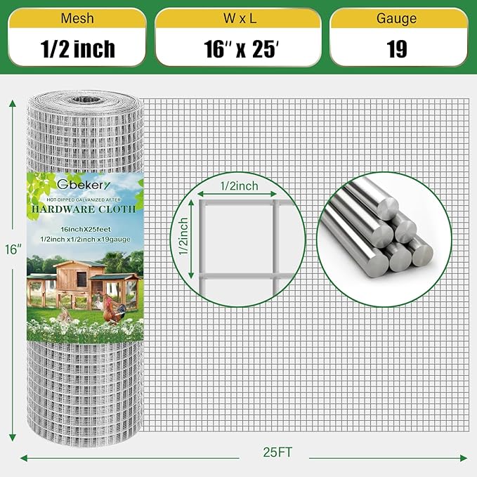 Gbekery Hardware Cloth 1/2 inch 16in x 25ft 19 Gauge, Hot-dip Galvanized After Welding Chicken Wire Mesh Roll Garden Plant Welded Metal Wire Fencing Roll, Rabbit Cages Snake Fence