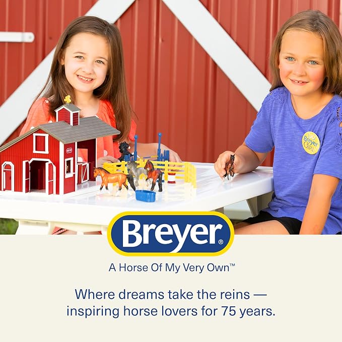 Breyer Stablemates Red Stable Set with Two Horse Figurines - Premium Horse Barn Toy for Kids - Educational Collectible Equestrian Gift for Kids - Imaginative Play Set