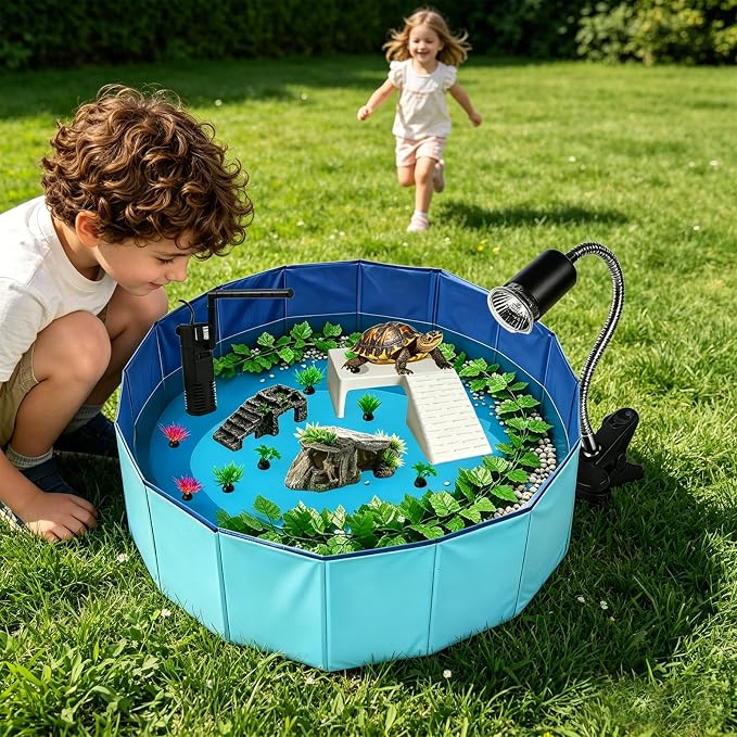 22.8 inch Large Size Turtle Tank Habitat Kit with Basking Platform, for Turtles, Crayfish, Crab, Aquatic Tortoise Enclosure Starter Aquarium, Pet Turtle Reptile Habitat