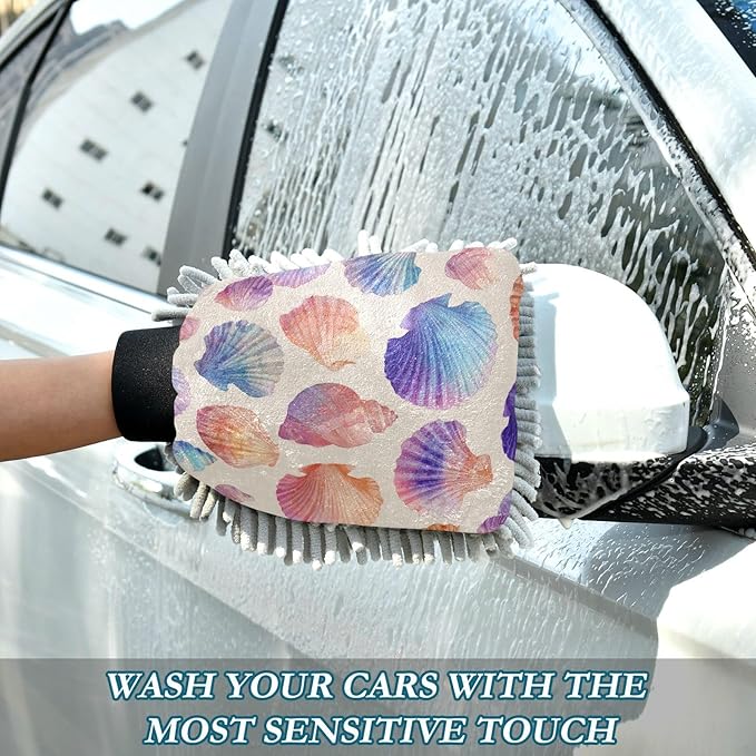 Car Wash Mitt Microfiber Wash Mitts for Car Washing Scratch-Free Cleaning Gloves Soft Non Absorbent Chenille Auto Hand Mitt Large 2Pack Beach Seashells