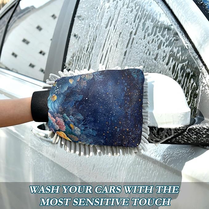 Car Wash Mitt Microfiber Wash Mitts for Car Washing Scratch-Free Cleaning Gloves Soft Non Absorbent Chenille Auto Hand Mitt Large 2Pack Starry Sky Coral