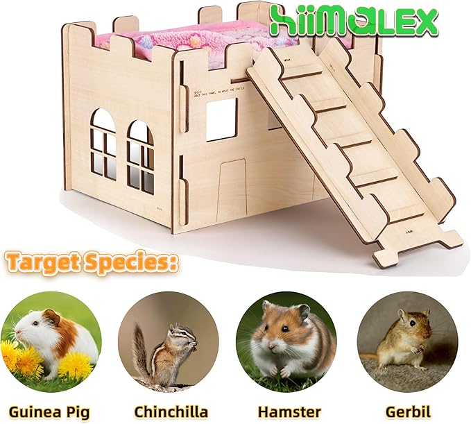 HIIMALEX Sturdy Guinea Pig Hideout Wooden Castle for Guinea Pig Chinchilla Hedgehog Gerbil Hamster Rat House Habitat for Playing and Hiding (Castle with Ramp & Mat)