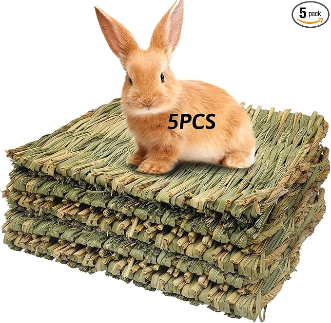 Hamiledyi Grass Mat Woven Bed Mat for Small Animal 5 Grass Mats Bunny Bedding Nest Chew Toy Bed Play Toy for Guinea Pig Parrot Rabbit Bunny Hamster Rat