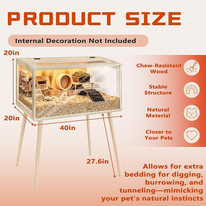 PROLEE Hamster Cage Wooden Chew Proof, Extra Large Mice and Rat Habitat Openable Top with Acrylic Sheets Solid Built Small Animal Cage with Leg Stands, 40 Inch Long