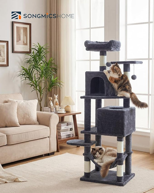 SONGMICS HOME Cat Tree for Indoor Cats, Multi-Level Cat Tower with Sisal Scratching Posts, Hammock and Condo, Dark Gray