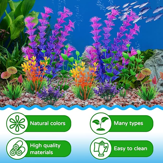 QUOZUO Fish Tank Decorations - 10 Pcs Colorful Aquarium Plants, Plastic Accessories, Mini Plants for Aquarium Decor