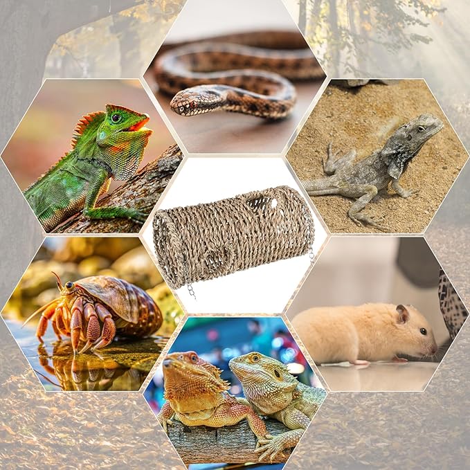 CroBlissful Reptile Hide Cave Hollow Cave Hideout with 2 Pcs Suction Cup and Chain Gecko Hide Reptile Tank Decor Seagrass Fiber Climbing Toy for Lizard Snake Hermit Crab(Long Cylindrical,Pale Yellow)