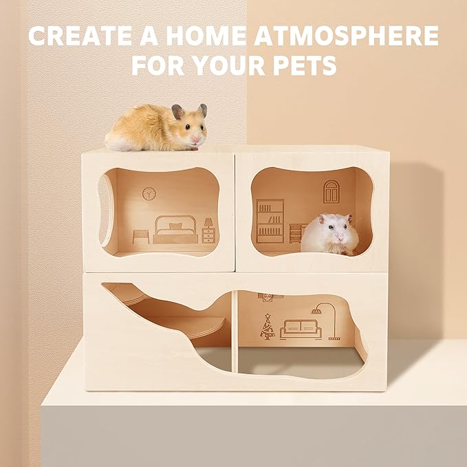 Hamster Hideout Wooden House,Hamsters Multi Chamber Hideout,Small Animal Habitat for Clear Observation,Hamster Toys for Dwarf Hamstersm,Gerbils, Hedgehogs, Rats, Mice(Bedroom)