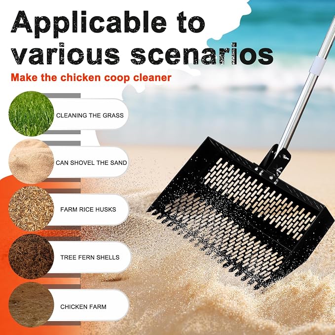 17inch Width Heavy Duty 2-in-1 Chicken Poop Scooper & Rake, Stainless Steel Chicken Coop Litter Sifting Shovel with Ergonomic Grip & Adjustable Angle, Sand Scoop for Coop, 37-54 Inch (17inch)