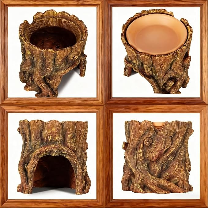 Reptile Hide Cave Hideout Habitat House Decor with Clay Water Basin Humidifying Help Shedding for Leopard Gecko Snake Ball Python Tortoise Toad Tarantula Frog