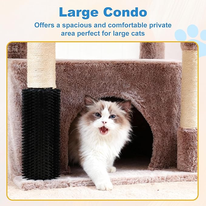 Hey-brother Cat Tree Tower with Extra Large Platform, Spacious Condo, 2 Cozy Hammocks, Self-Grooming Brush, Sisal Scratching Posts for Big Indoor Adult, Maine Coon, 35.4 Inches, Muchroom MPJ060MU