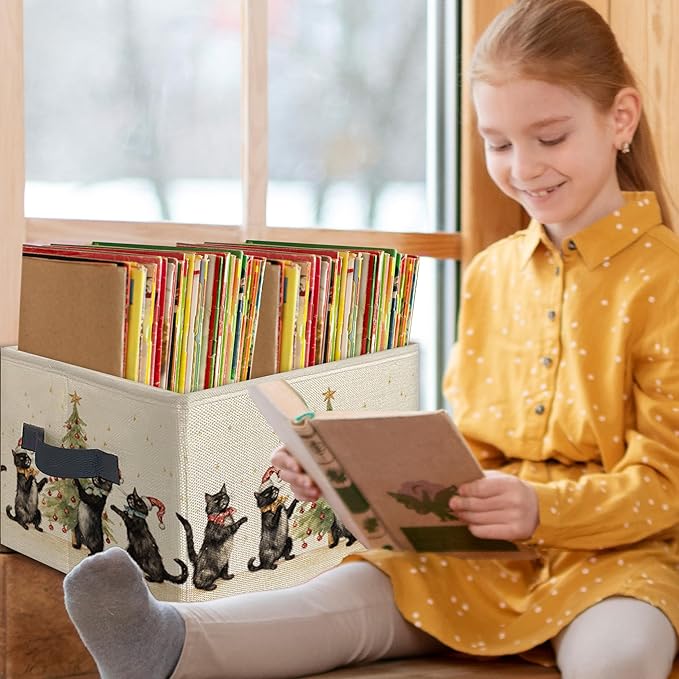 Black Cat Christmas Tree Foldable Storage Bins Box with Handles, Black Cat Mom Lovers Gifts for Women, Christmas Kitten Collapsible Toys Books Clothes Organizer Basket for Bedroom Bathroom