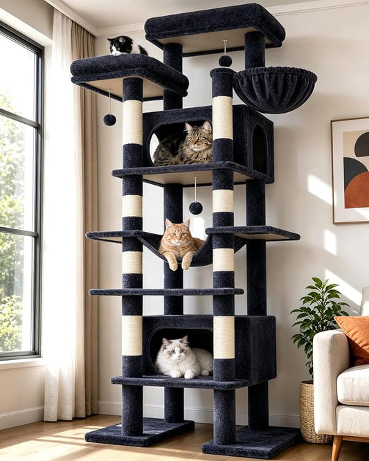 Globlazer XXL Giant Cat Tree, 83 Inch Heavy Duty Tall Cat Tower for Indoor Cats Large Adult, Multi-Level Large Cat Condo with 8 Scratching Posts, Hammock, 2 Cat Caves, 2 Platform, F83B, Dark Grey