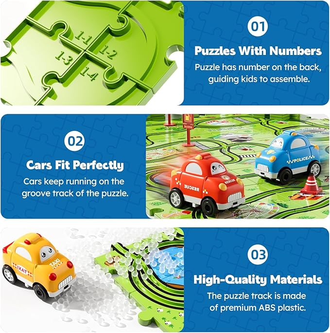 Beby Buty 64PCS Puzzle Track Car Set Toys for Kids Boys, Toddler Toys Gifts for 3 4 5 Year Old, Floor Puzzle Tracks Car for Boys Ages 3-5 4-6, for 3 4 5 6 Year Old