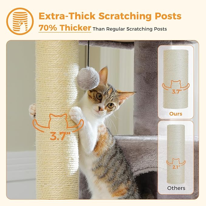 MUTTROS Large Cat Tree with Reinforced Scratching Posts (φ3.7in) for Big Adult Cats 30 lbs, 57.8" Heavy Duty Cat Tower with Larger Hammock and Condo, Cat Furniture for Maine Coon, Plush,Grey