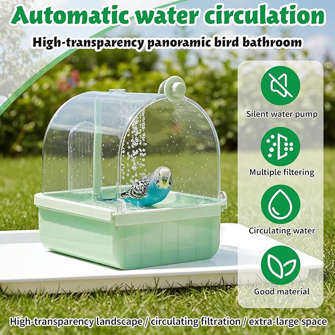 Maxdot Automatic Bird Baths for Cage Parakeet Bath with Pump Indoor Parrot Bathtub with Shower Running Water, Motion Sensor, Filter for Pet Birds Budgies Lovebirds Finches Cockatiels Cockatoos, Green