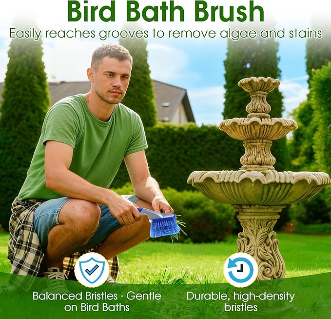 Bird Bath Cleaner, Hummingbird Feeder Cleaning Brushes, Non Scratch Scrub Brush with Large Ergonomic Handle and PVC Bristles for Bird Feeder, Bath Accessories, Fountain, Concrete Outdoor Cleaning