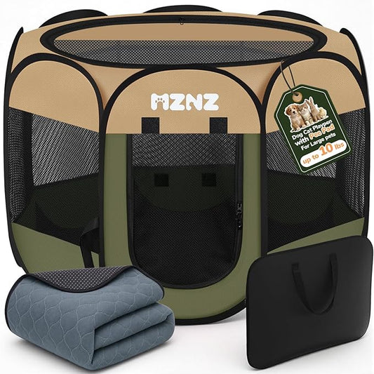 Dog Cat Playpen with Pee Pad, Portable Puppy Pet Crate Indoor for Small Dogs Cats Rabbits, Foldable Dog Cage Enclosure for Outdoor, Pop Up Dogs Tent Kennel with Carrying Case, Olive Green