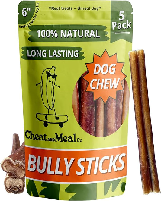 Bully Sticks - Chew Toys for Aggressive Chewers, Standard 6 Inch (5 Count), 100% Grass-Fed, Single Ingredient, Rawhide-Free, Free Range, Long Lasting