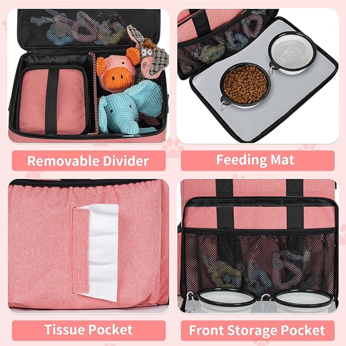 TORIBIO Dog Travel Bag,Large Pet Travel Bag for Supplies with 2 Food Container and Collapsible Bowls,Dog Travel Supplies Organizer Kit for Weekend,Road Trips,Camping
