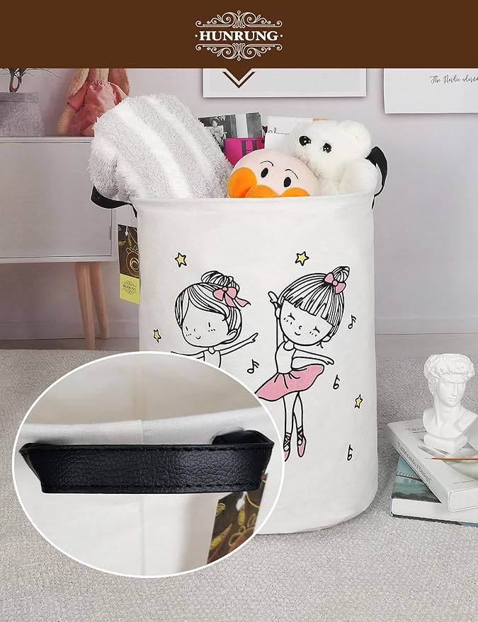 Collapsible Fabric Storage Basket, Waterproof Laundry Hamper with Handles, Round Storage Bin for Clothes Toys, Foldable Organizer for Bedroom Nursery Bathroom(Round-Dancing girl)