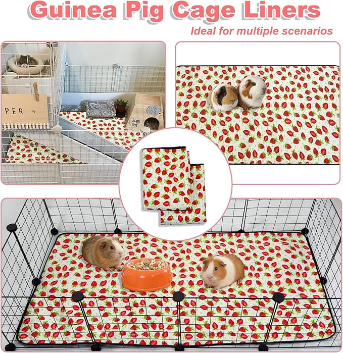 2 Pack Guinea Pig Cage Liners, 12"x 24" Washable Waterproof Bedding for Rabbit, Bunny, Hamster & Small Animals, Reusable Super Absorbent Pee Pads for C&C Cage, Strawberry Print