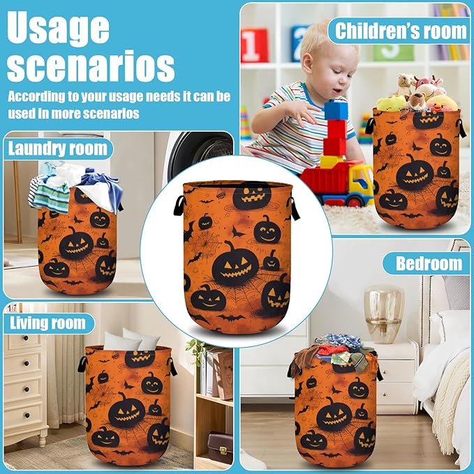 Spooky Pumpkin Laundry Basket, Halloween Laundry Hamper Collapsible Oxford Cloth with Handle Clothes Storage Bin for Bathroom Laundry Room Bedroom 15.7 X 20 Inch