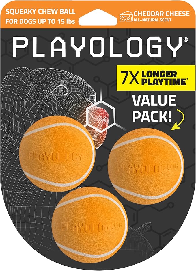Playology Dog Toys | Squeaky Chew Ball for Dogs, Value 3-Pack | Cheddar Cheese Scented Small Dog Balls | Bouncy Floating Chew Toys for Fetch
