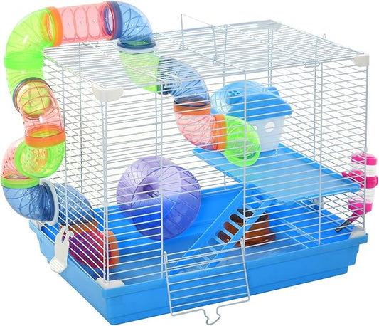 PawHut 2-Level Hamster Cage Rodent Gerbil House Mouse Mice Rat Habitat Metal Wire with Exercise Wheel, Play Tubes, Water Bottle, Food Dishes, & Interior Ladder