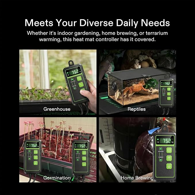 Digital Temperature Controller Thermostat, Heating & Cooling Outlet with LCD Touchscreen NTC Probe, 40–108°F, 110V for Reptile Tank, Seedling Heat Mat, Greenhouse, Fermentation