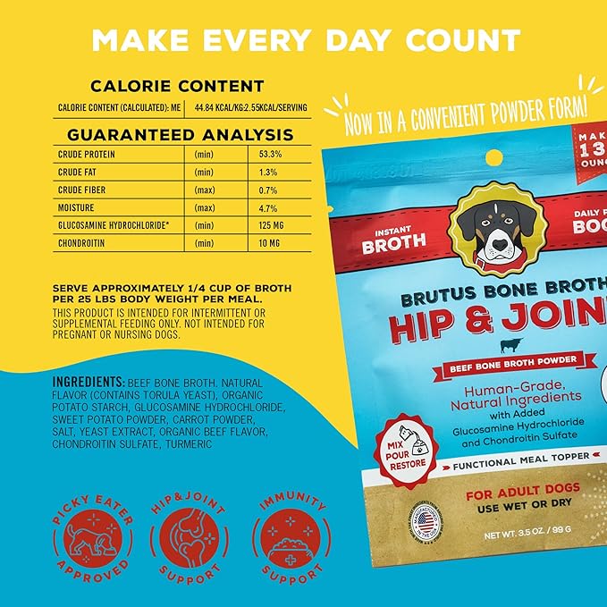 Brutus Broth Dog Food Topper - Instant Bone Broth Powder for Adult Dogs - Supports Hip and Joint Function - Human-Grade Quality, Serve Dry or Wet - Beef Flavor, 3.5 oz (Pack of 1)