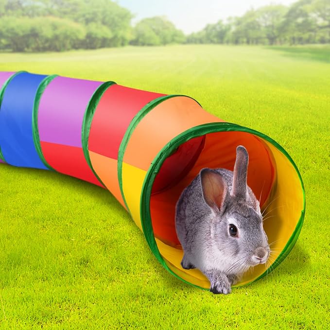 Ferret Guinea Pig Tunnel Collapsible Bunny Tube with 1 Play Ball 3 Ways Pet Rabbit Tunnels Hideout for Indoor Kitten Chinchilla Hamster Rat Small Pet Activity Fun Toys (Rainbow)