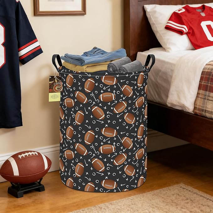 Collapsible Fabric Storage Basket, Waterproof Laundry Hamper with Handles, Round Storage Bin for Clothes Toys, Foldable Organizer for Bedroom Nursery Bathroom(Round-Rugby)