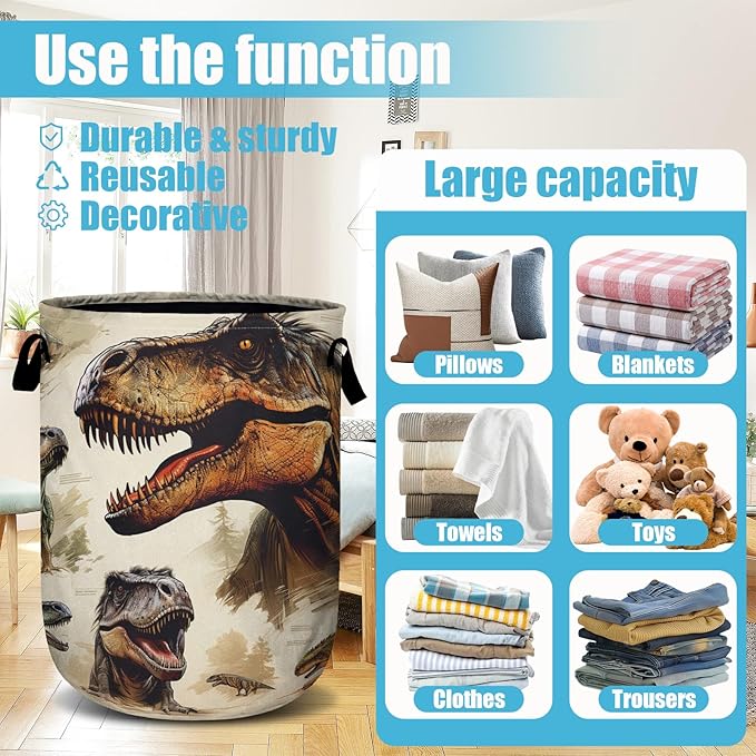Dinosaur Laundry Basket, Laundry Hamper Collapsible Oxford Cloth with Handle Clothes Storage Bin for Bathroom Laundry Room Bedroom 15.7 X 20 Inch