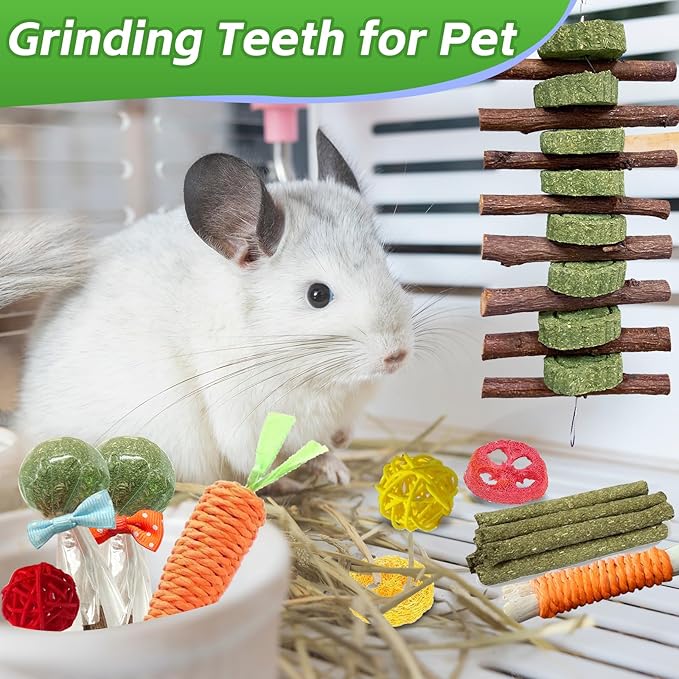 WDEFUN 21PCS Rabbit Chew Toys for Teeth Grinding, Natural Timothy Hay Cakes Treats for Bunny, Organic Apple Wood Sticks Toy Set for Guinea Pigs, Hamsters, Chinchillas,Dental Health & Boredom Relief