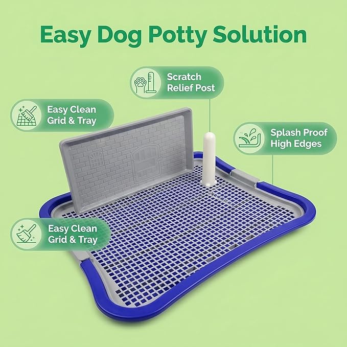 Dog Pee Pad Holder, Indoor Dog Potty Tray with Splash Guard & Center Post, Potty for Small Dogs, Waterproof and Easy to Disassembly and Cleaning Dog Toilet, 23.62"X19.69" (Blue)