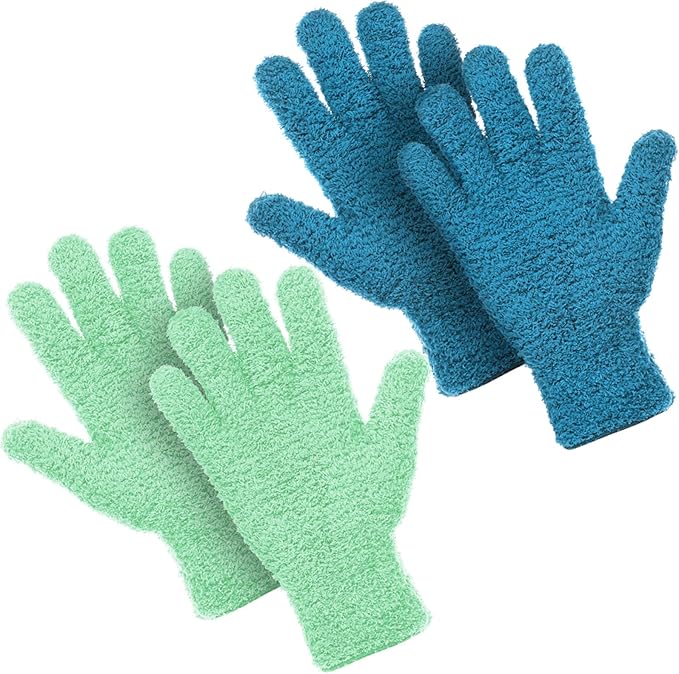 Patelai 2 Pairs Microfiber Gloves for plants Dusting Cleaning Glove Mittens House Cars Blinds Dusting(Blue, Grass Green,Large)
