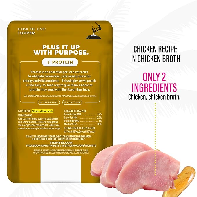 Tiki Cat Born Carnivore Complements Wet Cat Food Topper, High Protein & Limited Ingredient, Chicken, 2.1 oz. Pouch (12 Count)