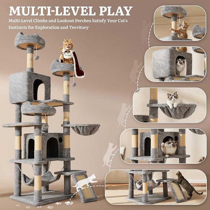 YITAHOME 75-Inch Tall Cat Tree Indoor: Multi-Level Kitten Tower with Kitty Condos, Top Perches, Sisal Ramp, Scratching Posts & Cozy Basket Hammocks Pet Play House Light Gray