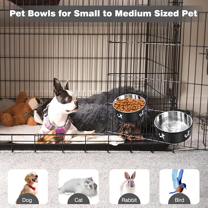 Dog Crate Water Bowl No Spill, 2 Pack Hanging Dogs Kennel Water Food Bowls, Stainless Steel Mountable Pet Bowl Metal Feeder Coop Cup Cage Accessories for Puppy Cat Rabbit Guinea Pigs Ferret Bird