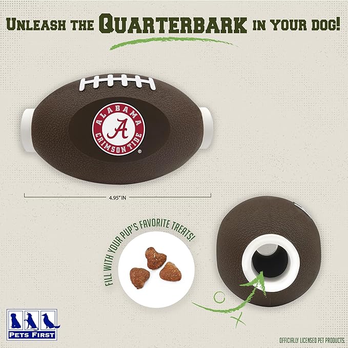 NCAA Alabama Crimson Tide Football Treat Dispensing Toy for Dogs and Cats, Rubber Ball Pet Toy, Interactive Fun Doggie Treat Toy, Natural Rubber Feeding Toy