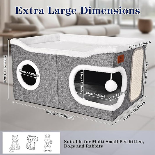 Extra Large Cat Beds for Indoor Cats, Covered Cat Cave Beds & Furniture with Scratch Pad and Fluffy Ball, Foldable Cat Condo Hideaway with Reversible Cushion for Multi Small Pet Large Kittens, Grey