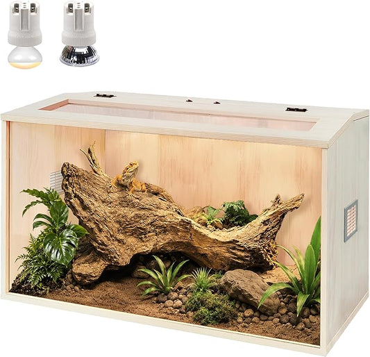 PROLEE Bearded Dragon Tank,Wooden Reptile Tank and Lizard Tank,Tempered Glass Large Bearded Dragon Enclosure with Built-in Lamp Fixture (24X16X16inch,24 Gallons)
