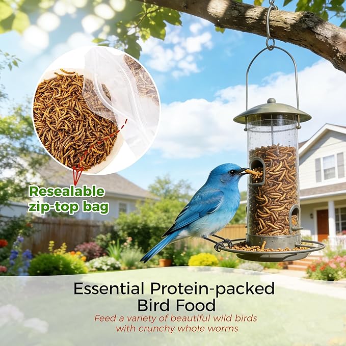 RANZ 2LBS Non-GMO Dried Mealworms for Chickens, High Protein Meal Worms, Premium Chicken Feed, Whole Large Mealworms for Blue Birds, Ducks, Fish