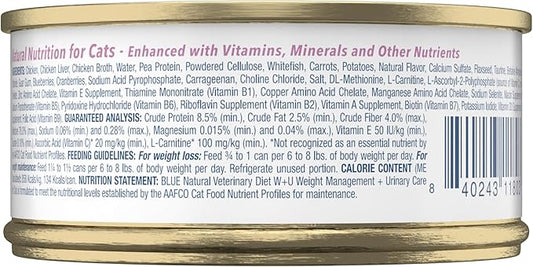 Blue Buffalo Natural Veterinary Diet W+U Weight Management + Urinary Care Wet Cat Food, Veterinarian's Prescription Required, Chicken, 5.5-oz. Cans (24 Count)